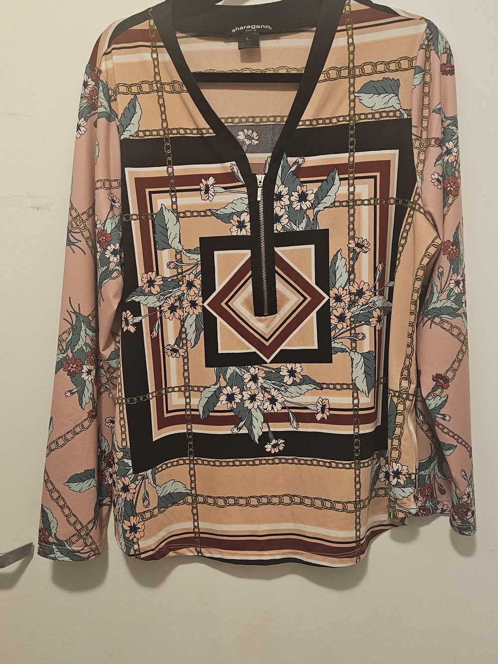 Sharagano Pink Floral-Print Long Sleeve Top with Black Trim